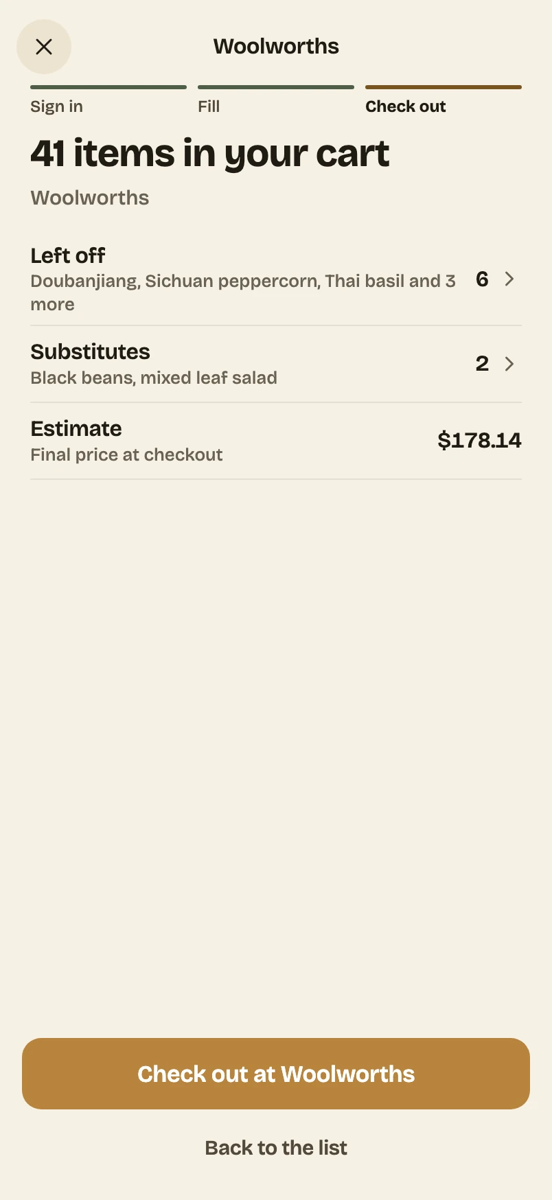 A Woolworths cart filled by the app: 41 items, an estimate of $178.14